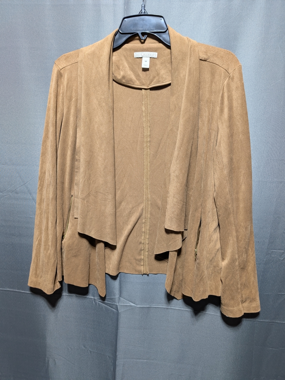 Dana Buchman Faux Suede Draped Open Front Jacket Tan Camel M